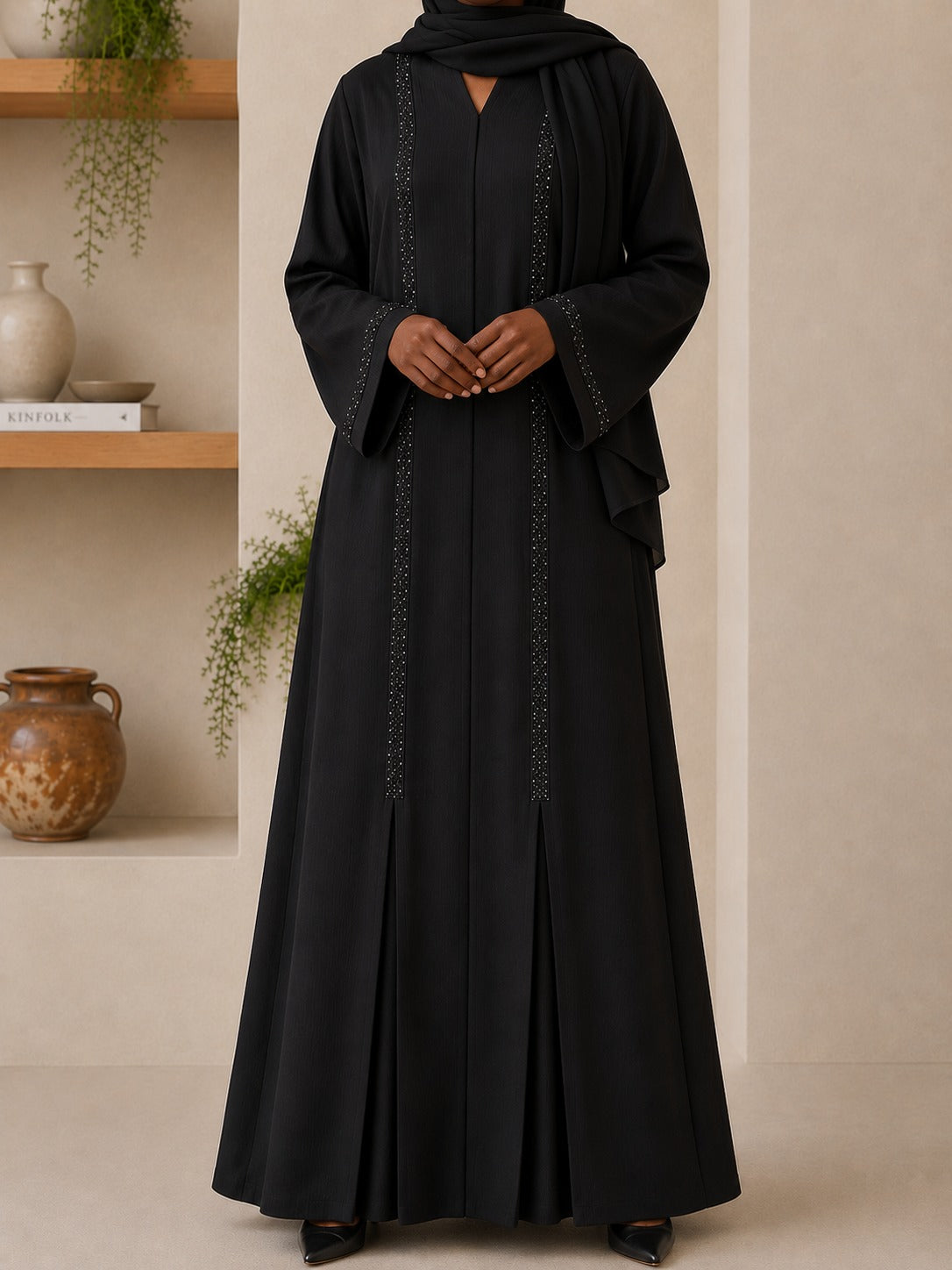 Noir Beaded Pleat Abaya Set